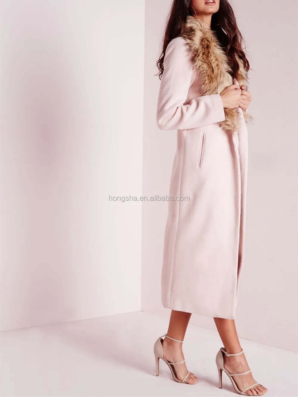 Ali  baba wool coat new faux fur collar longline blush pink winter coat HSJ3465