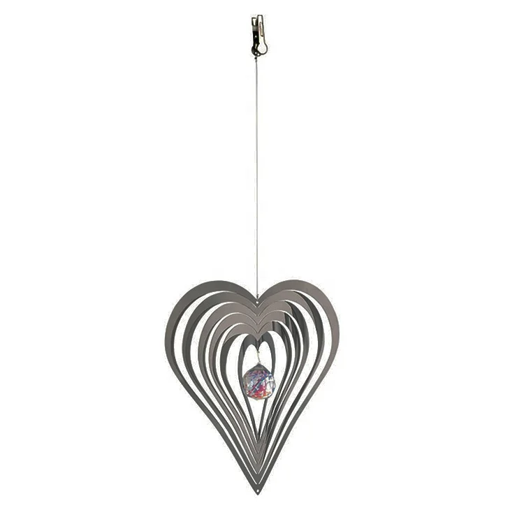 Garden decor outdoor hanging metal ornaments, cosmo laser cut heart 3d stainless steel wind spinner