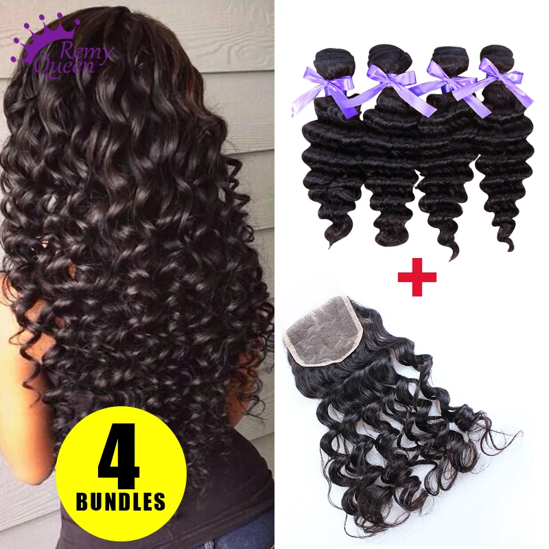 Remy Queen Hair Indian Deep Wave With Closure 4PCS 7A Unprocessed Indian Virgin Hair Closure 100