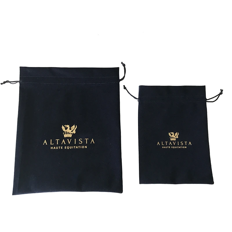 Customized Brand Logo Gold Hot Print Navy Blue Velvet Drawstring Makeup Gift Bags