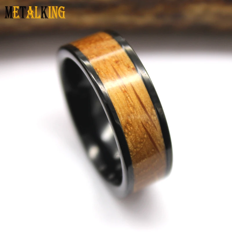 Black Plated Tungsten Carbide Ring with Oak Whisky Barrel Wood Inlay Flat Finished