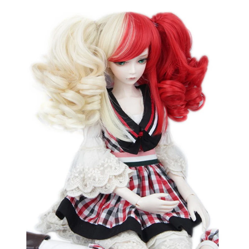 beauty white and red deep curly 1\/3 BJD doll wigs with two clip ponytail