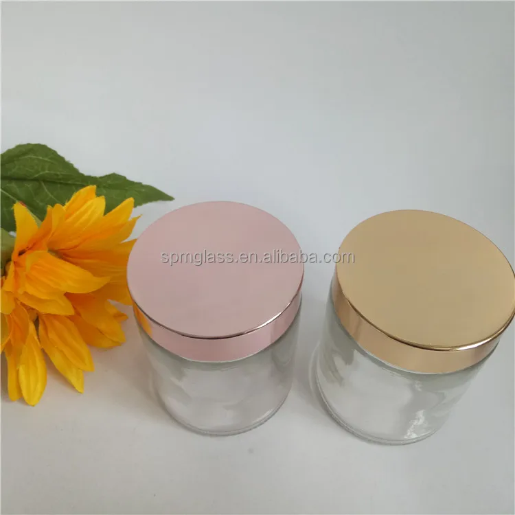 Luxury round straight sided glass jar rose gold lid for cosmetic,spice,food,candle