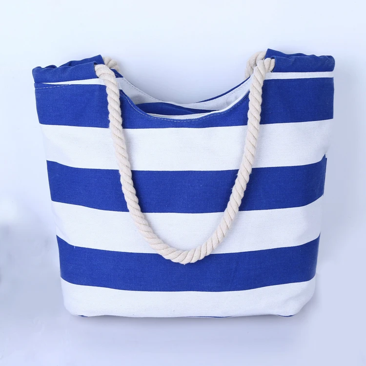 Wholesale stripe canvas beach tote bag /Duty Cotton Canvas Stripe Bag With Reliable Rope Tote Stylish