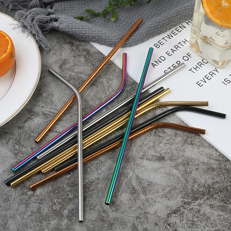 Reusable Food Grade Stainless Steel Gold Metal Straws, rainbow/black/gold/rose gold/blue color straws