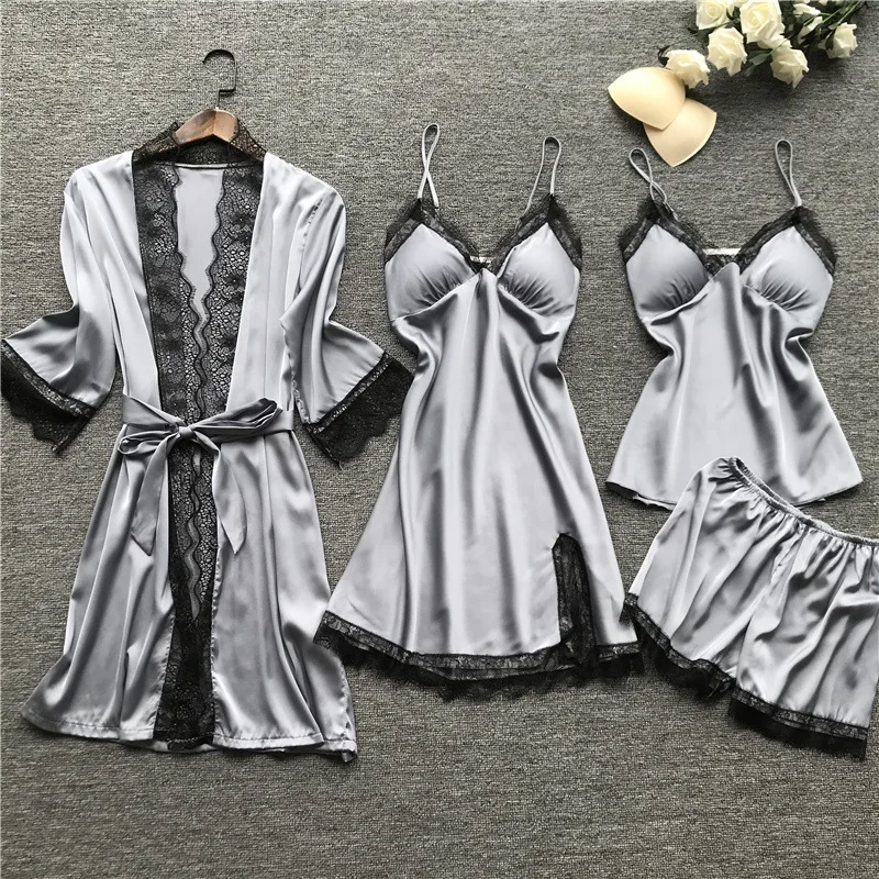 
Pyjamas Women Sleepwear Robe Lace Sleepwear Nightwear Girls Sexy Night Dress Lounge Wear 4 Pieces 