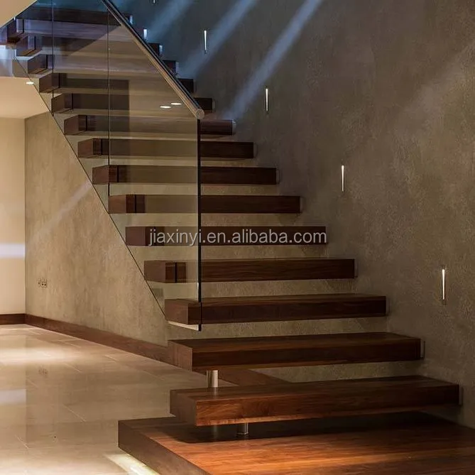 Interior glass railing wood stair kit floating stairs