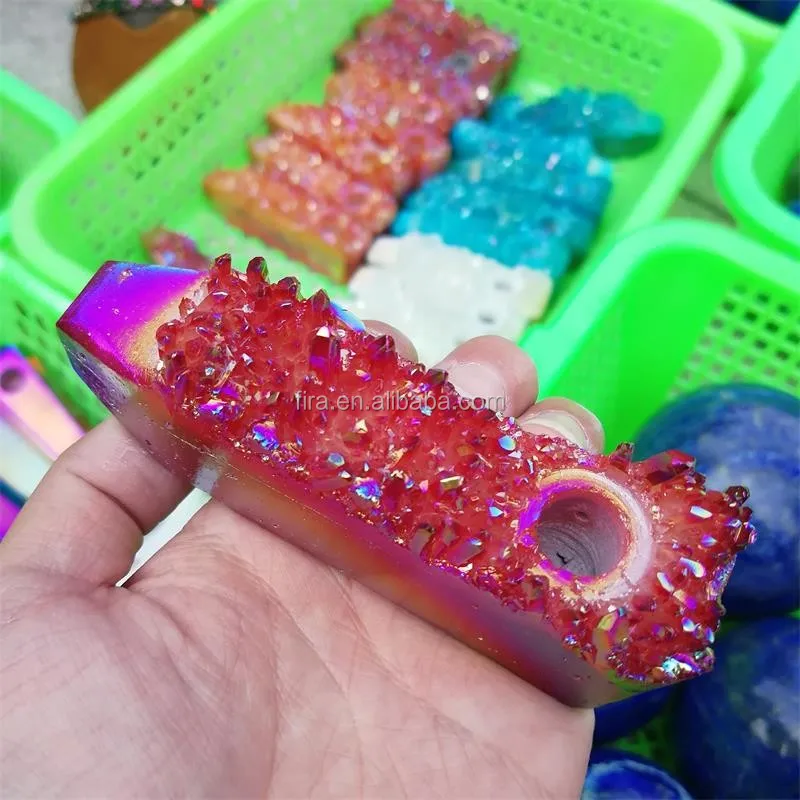 
Hot Sale Carved Decorative Rainbow Aura Quartz Crystal Cluster Crystal Smoking Pipes 