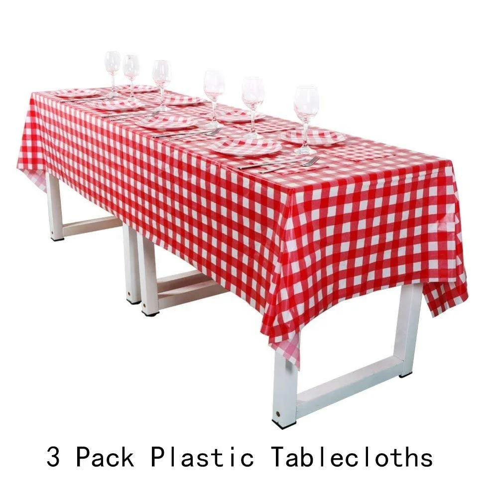Rectangular Heavy Duty Table Cover Red And White Checkered Design Premium Plastic Tablecloth Plastic Table Cover