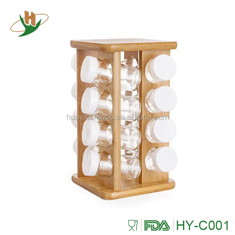 Free refills storage home kitchen bamboo rotatable spice rack with 16 glass spice jars