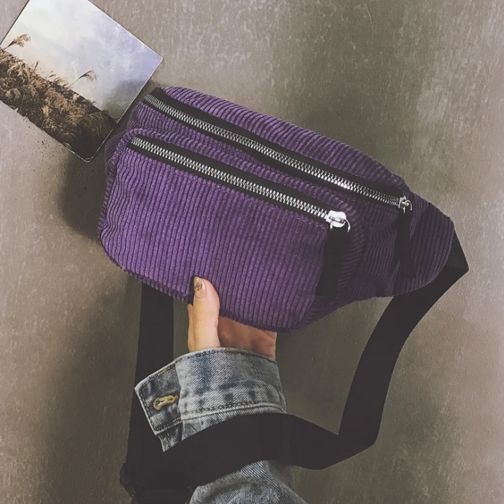 New Leisure Zipper Corduroy Messenger Bag Chest Waist Bag Packs For Ladies