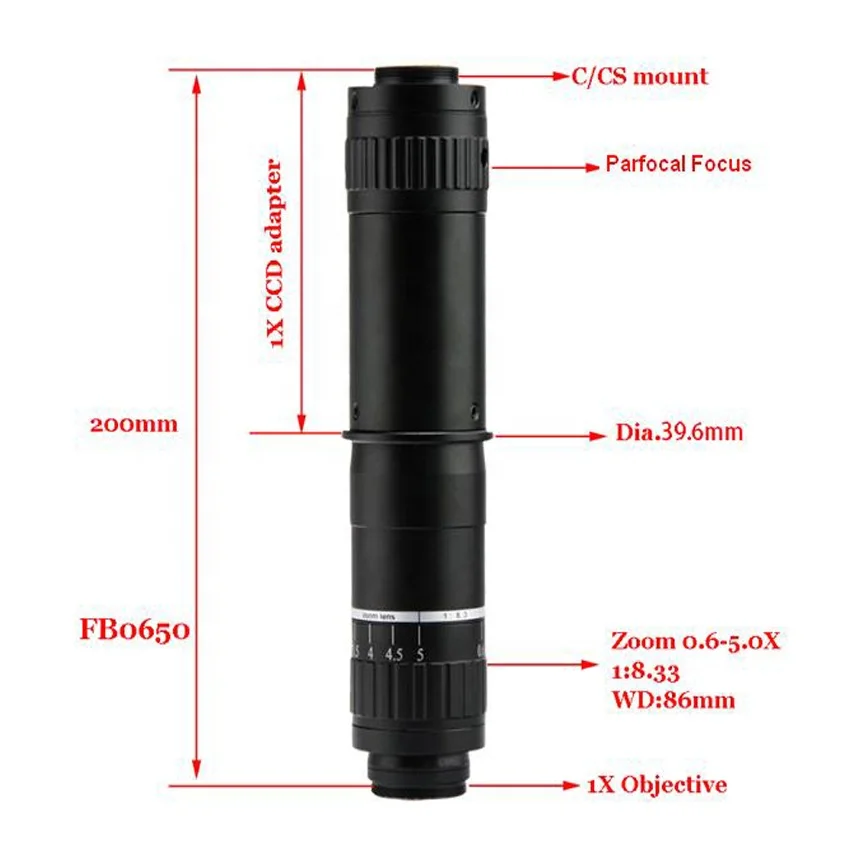 FB0650 High Resolution 0.6X - 5X Video Inspection Monocular Microscope mini Zoom Lens