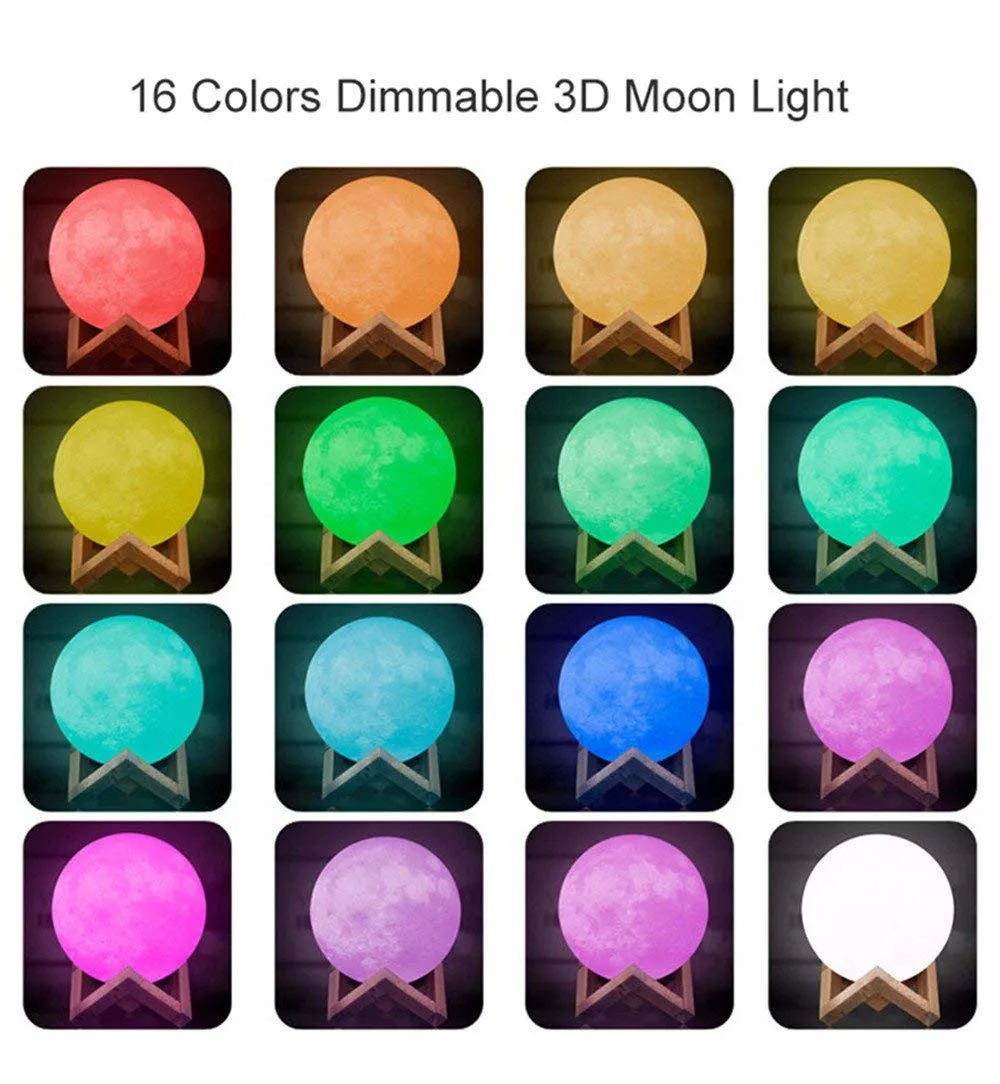 RGB Lunar Lamp, 3D Printing 16 Colors LED Moon Light with Wood Stand and Time Setting (7 inch) & Remote & Touch Control