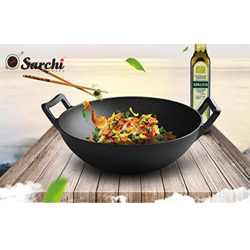 36cm Cast iron Chinese Wok Flat bottom pre seasoned