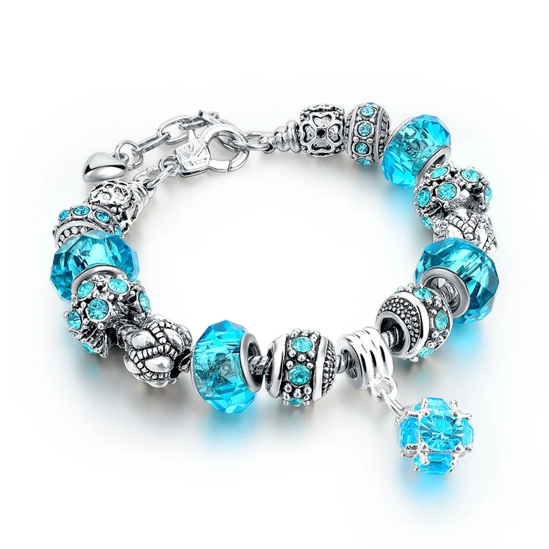 Large hole bead bracelet in blues, Silver Bracelet Chain With European Style December Birthstone Blue Zircon Rhinestone Beads
