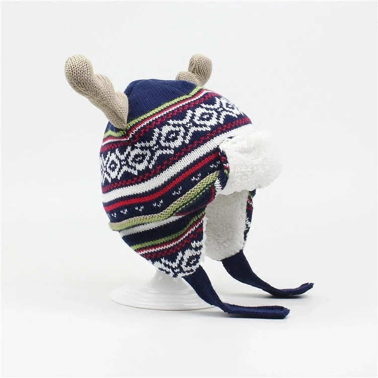 Hot sale baby kid child Checked Earflap Winter warm jacquard Christmas reindeer Trapper Hat polar fleece lining hat