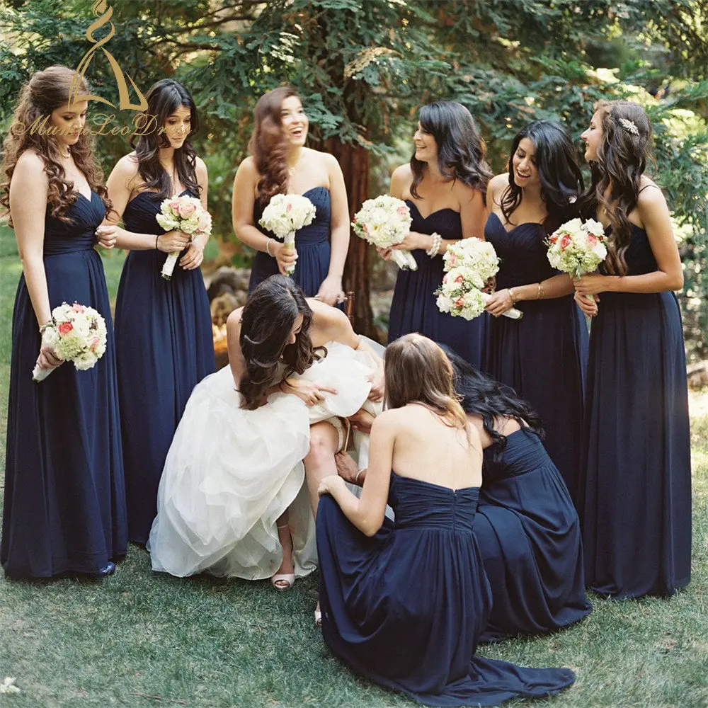 
Floor Length Ruched Sweetheart Strapless Empire Waist Navy Chiffon Bridesmaid Dresses With Back Zipper Wholesale 