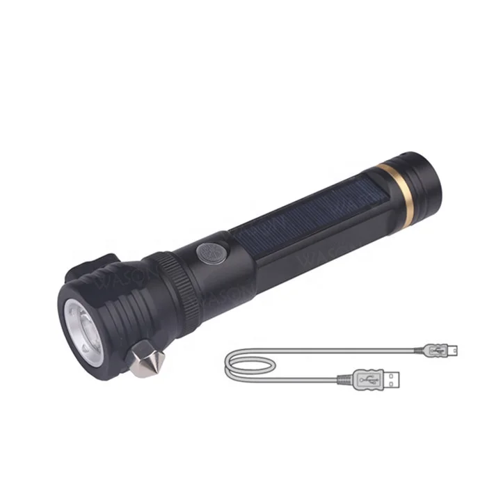 Wason Aluminum High Power Solar Rechargeable Outdoor Survival Or Car Rescue Kit Window Hammer Led Flashlight With Compass