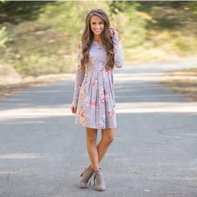 Wholesale autumn hot sale  long sleeve floral printed tunic drape t-shirt dresses for women