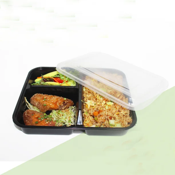 3 compartment disposable plastic bento lunch box with lid