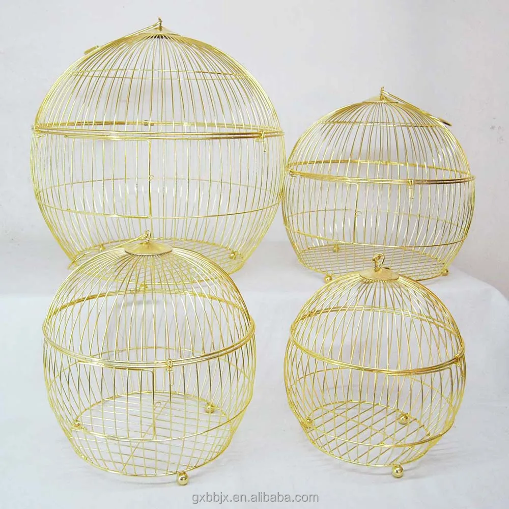 Набор из 4 металлических поделок ручной работы, Золотые круглые клетки для птиц с подвесным крючком для украшения дома или свадьбы