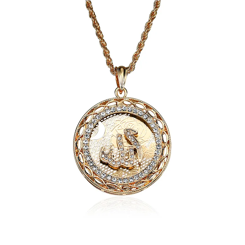 Hot Selling Real gold Arabian Muslim Islamic Allah Necklace Diamonds Crystal round Pendant necklace