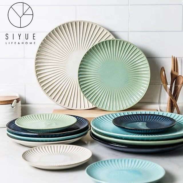 Керамические тарелки для домашнего использования, цветные глазурованные круглые полосатые фарфоровые тарелки, персонализированные тарелки, тарелки 1081
