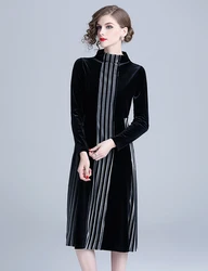 Wholesale In Stock Elegant Women Fashion Turtleneck Long Sleeve Vertical Stripes Patchwork Long Velvet Dress