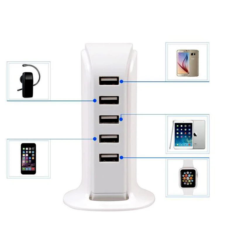 
White 30W USB Wall Adapter with Charging Cable 5 Ports USB Power Charger for Mobile Phone 