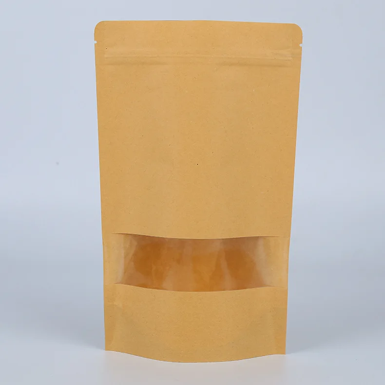 Different Size Brown Kraft Paper Zipper food coffee tea Biodegradable Stand Up Bag Pouch With Clear Window
