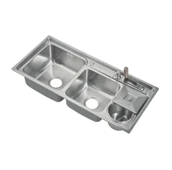 Недорогая Кухонная мойка с двойной чашей из нержавеющей стали 304, сливная доска и круглая мусорная корзина