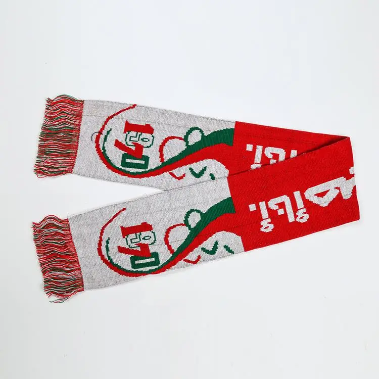 Оптовая продажа, шарф с логотипом на заказ, акриловый вязаный жаккардовый шарф для футбольных фанатов с красной вышивкой, сублимация