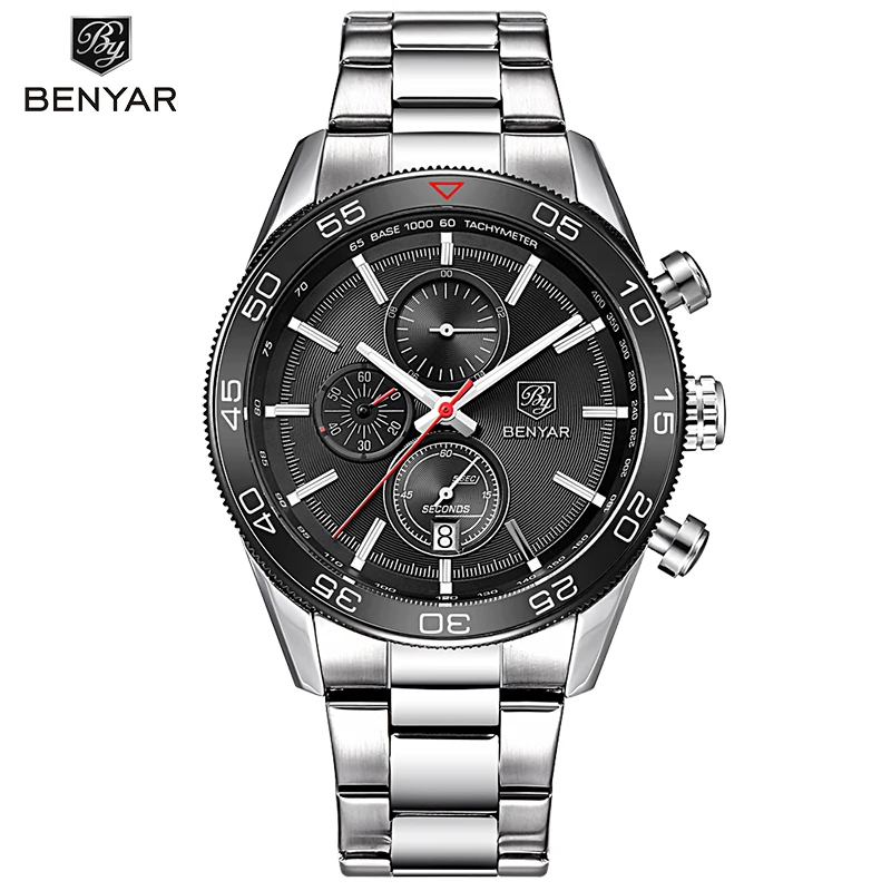 Good Price BENYAR Men Chronograph Waterproof Sport Genuine Leather Mens Wrist Military Army Watch 5106