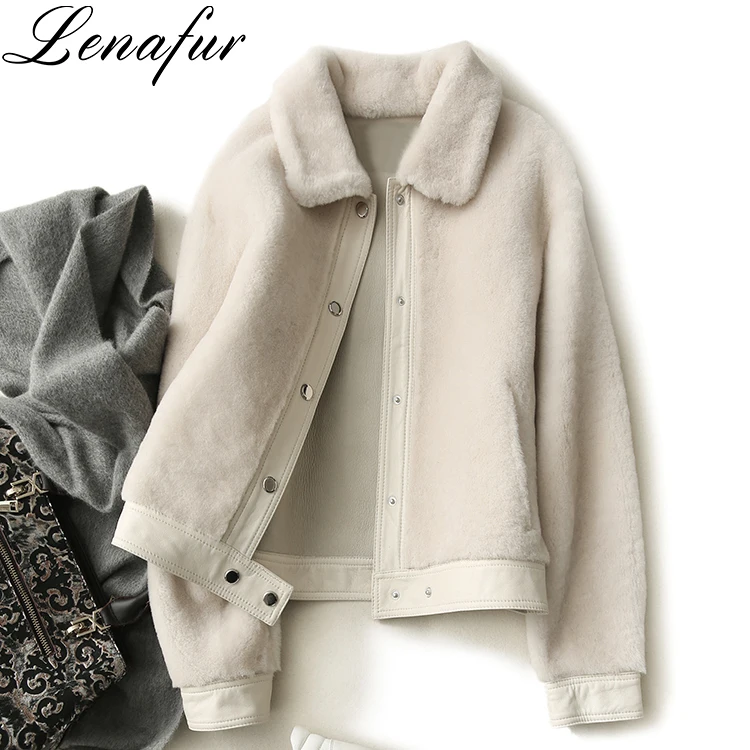 Young Girl Fashion Black Beige Dark Green Lamb Fur Leather Shearling Jacket