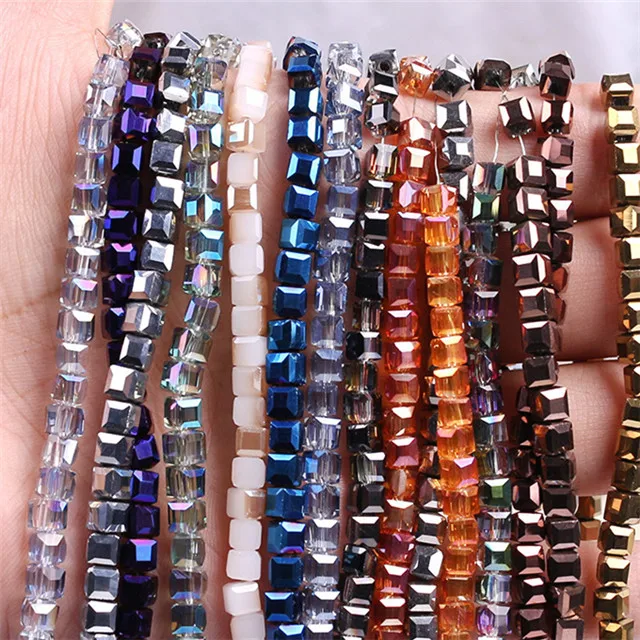 4/6/8mm Faceted Cut Crystal Glass Beads Square electroplating color Beads For Jewelry Making