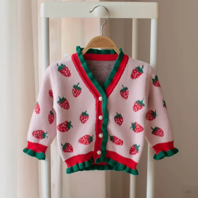 PHB 13178 V collar design fashion strawberry pattern girls crochet cardigan