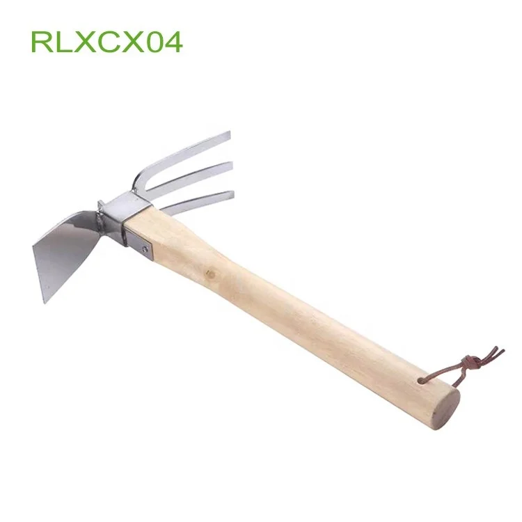 Stainless Steel Blade Cultivator Hand Tiller Tools Double Head Hoe with Wood Handle RLXCX04