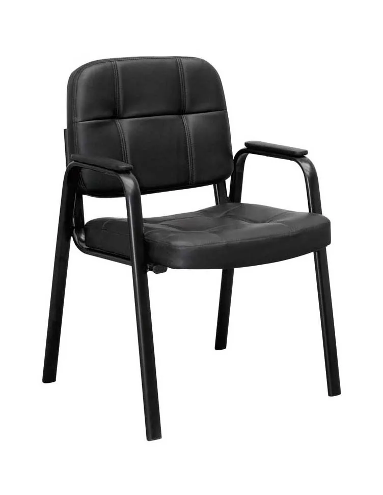 Stackable Mid Back Black Leather Guest Chair 4 Leg Leather Office Conference Chair for Sale