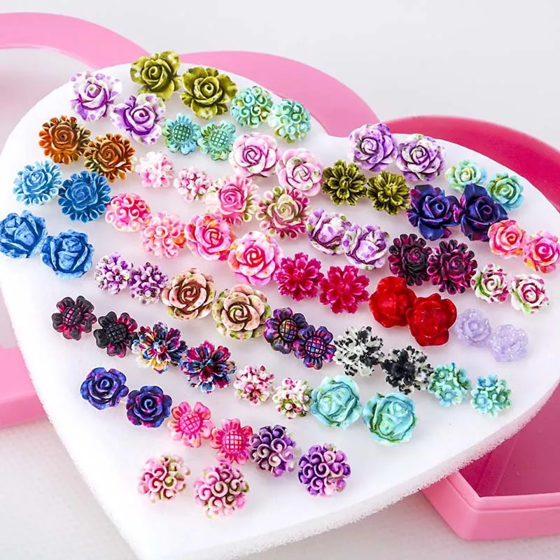 36 Pairs/Set Random Resin Flower Stud Earring Set Handmade Elegant Colorful Floral Earring Set Mix Anti Allergy Earrings