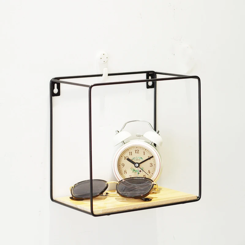 Factory direct black metal wire square wall mounted storage shelf rack with wood