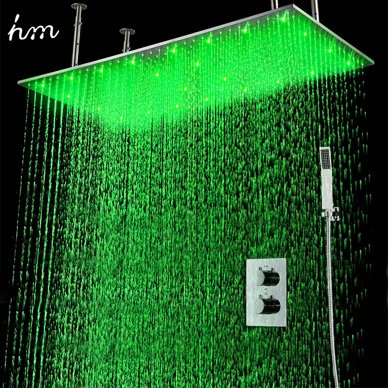 3 Colors Change Led Light Square Brass Big Shower Head , Bathroom Rainfall Mode Shower Sets