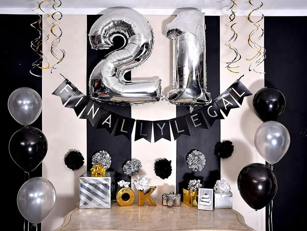 21st Birthday Party Pack Black Silver Happy Birthday Bunting Poms Swirls Pack Birthday Decorations