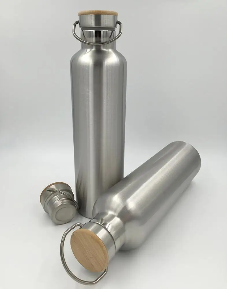 Durable Double Wall Water Bottle with Bamboo Lid, Custom Brushed 18/8 Stainless steel Sports bamboo bottle