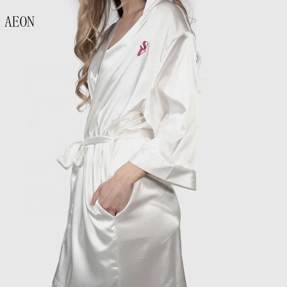 
Women personalized soft satin robe with logos short Solid silk night sleeping robe 