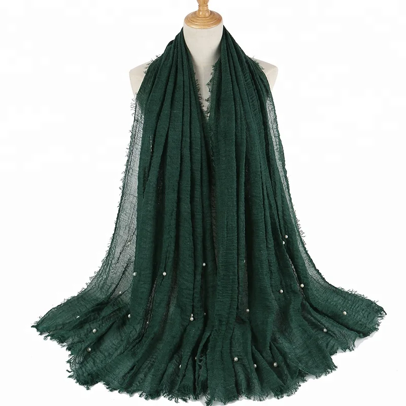 Hot Sale Dubai Pure Color Crinkle Tassels Muslim Scarf Women Hijab