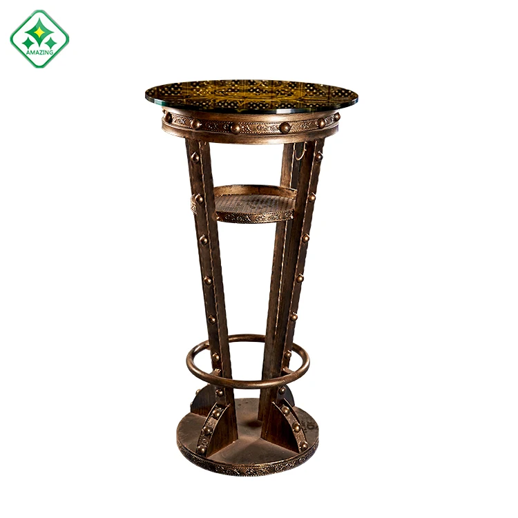 
antique brass Custom pattern table top metal bar table legs night club KTV bar cocktail tablePub Vintage Golden Metal Round Bar 