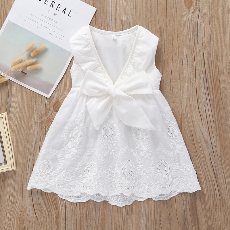 Boutique Wholesale Sleeveless Solid Backless Bow Baby Girl Dress Princess Summer Dress