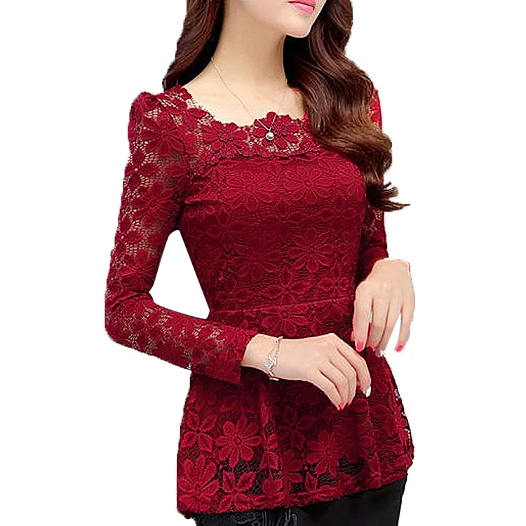 Fashion Woman Flounce Peplum Hollow Out Floral Lace Blouses