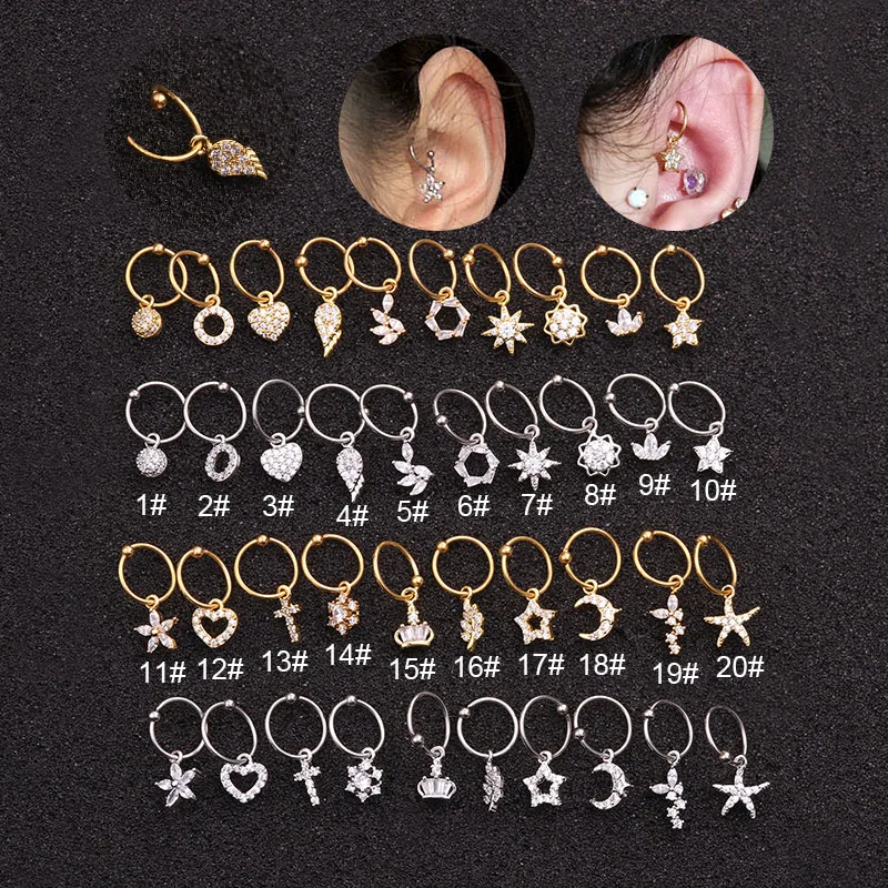 20GX6mm Stainless Steel Small Hoop With Star Moon Flower Feather Cz Pendant Cartilage Helix Rook Ear Piercing Earring