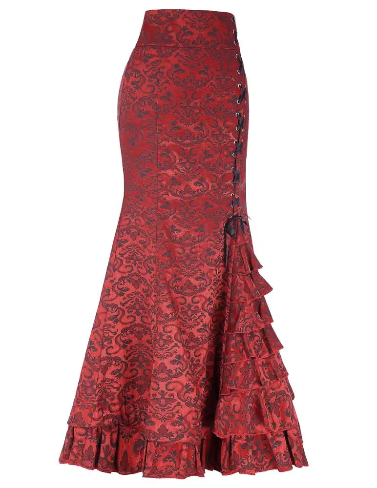 OEM Women Vintage Retro Victorian Style Ruffled Jacquard Fishtail Mermaid Long Maxi Skirt BP000204